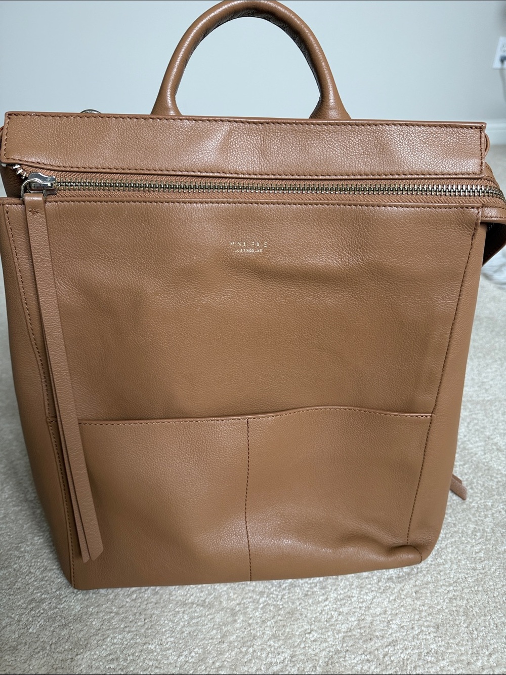 Minimalist Tan Leather Diaper Bag Backpack with Top Handle